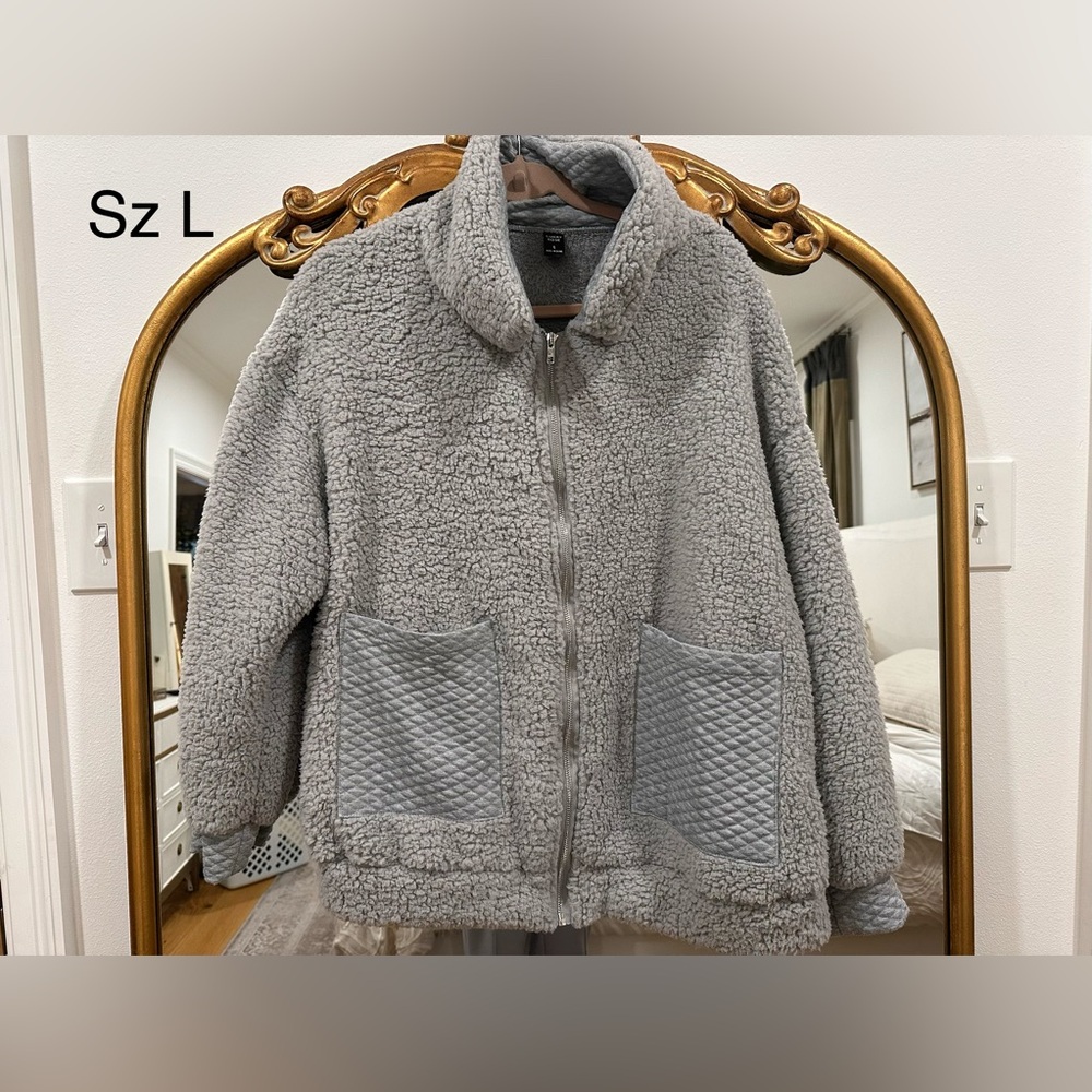 Cozy Gray Sherpa Zip Up Sweater Jacket